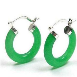 Mode Women's Green Jade 925 Sterling Silver Hoop Dangle örhängen