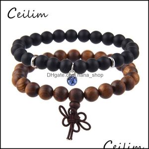 Link Chain Bracelets Jewelry 2Pcs/Set Wooden Beads Bracelet Charm Birthstone 12 Colors Crystal Pendant Stainless Steel 8Mm Black Matte Ston