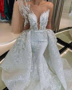 2022 Plus Size Arabisch Aso Ebi Luxuriöse Spitze Perlen Brautkleid Sheer Neck Vintage Brautkleider Kleider ZJ125