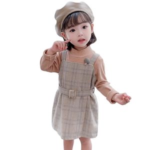 Sweatshirt Plaid Overall Kinder für Gürtel Kinder Mädchen Casual Stil Baby Mädchen Kleidung 210412