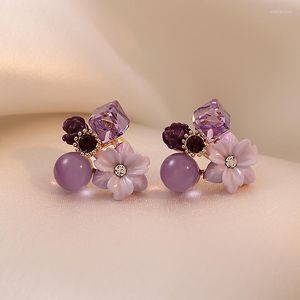 Stud Noble Purple Crystal Flower Earrings for Woman 2022 Korean Fashion Jewelry Wedding Party Girl's Elegance Set AccessoriesStud ODET22