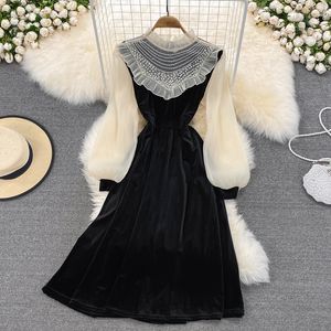 Nova moda feminina primavera outono colarinho babados beading remendado lanterna de gaze manga longa cintura alta vestido midi de veludo ML