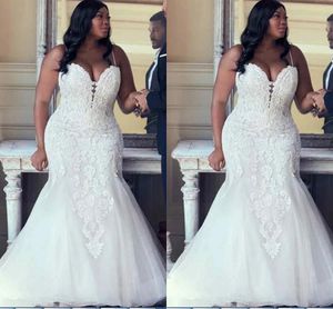 2022 Moderd Plus Size Wedding Gowns Womens Mermaid Style Spaghetti V Neck Lace Open Back Lace Up Bridal Dresses Vestidos de Novia