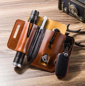 C-6 male Money clips Oil wax leather field survival EDC tool pocket wear belt outdoor camping flashlight set Wallet bag