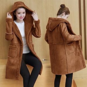 2019 новые зимние замшевые кожаные куртки женские ягнят шерстяные пальто длинные густые теплые куртки с капюшоном самка