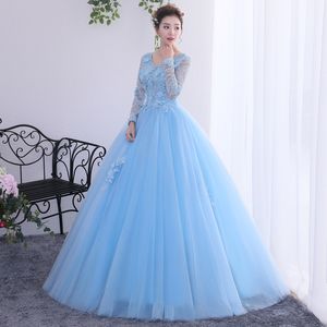 Красивые детские голубые платья Quinceanera 2022 с длинным рукавом v Neck Ball Hown Платье выпускное платье с цветочным кружевным корсетом сладкий 16 вечера вечеринка Принцесса Девушки Веспидо де 15 Anos Festa