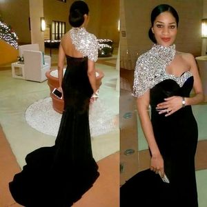 Arabic One Shouder Mermaid Long Evening Dresses Crystals Beaded Top Floor Length Formal Party Prom Dresses
