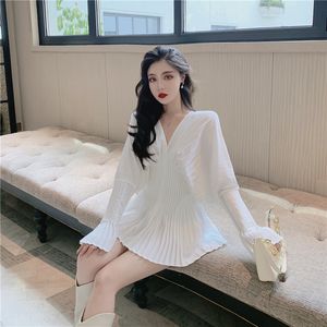 New design women's v-neck pleated flare long sleeve slim waist white color medium long blouse shirt tops