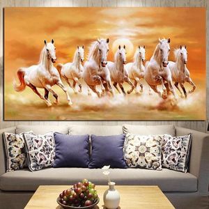 Paintings Seven Running White Horse Animals Painting Artistic Canvas Art Gold Posters And Prints Modern Wall Picture For Living Room