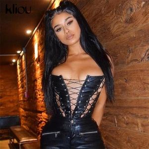 Kliou Hollow Out Bandage Faux Leather PU Camisola de Tanque Mulheres Sólida Streetwear sem costas sem mangas Party Party Clubwear Outfits 220316