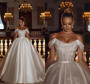 2022 sparkly off the shoulder sequins a line wedding dresses with detachable sweep train bridal gowns bc1205 B0608X11