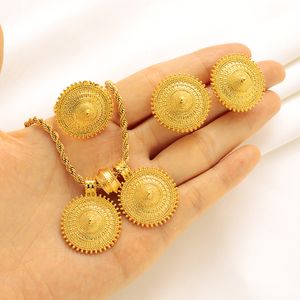 Set di gioielli etiopi con catena in corda, orecchini pendenti in oro massiccio, anello, stile etnico Habesha dell'Eritrea