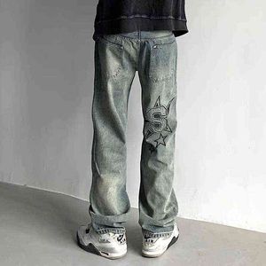 High Street Letter Stars Embroidery Ripped Retro Mens Denim Trousers Washed Straight Oversized Loose Harajuku Jeans Pants T220803