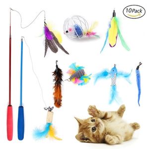 Cat Toys Set Feather Teaser Cat Catcher Retractable Fishing Pole Wand Rod Feather Toy Great for Kitten Dog Exercising T200720