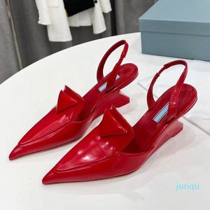 2022-Wedge Sandals Women Pointed Toe Pumps Patent Leather Pumps Straps Designer Sandals Catwalk Spring Shoes