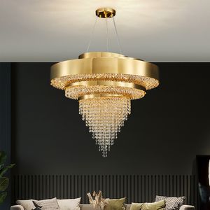 تصميم طبقة التصميم الكريستال LED الثريا مصابيح قلادة الذهب تركيبات الإضاءة الجولة مصابيح التعليق لديكور المنزل غرفة نوم غرفة الطعام