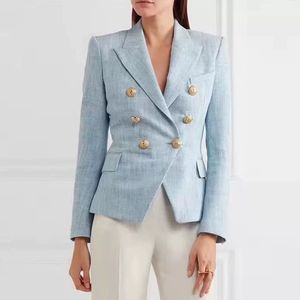 BL012 High Profile Suit High Quality Fashion Ladies Light Blue Blazer Notched Long Sleeve Double Breasted Buttons Office Jacket Women Blazer