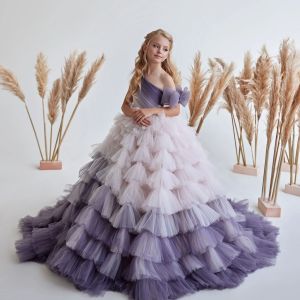 Ombre Purple Pink Flower Girl Abiti per matrimonio 2022 Abito da ballo con una spalla Ruffles Gonne a strati Abiti da spettacolo per bambini Tulle Compleanno per bambini Abito da festa formale