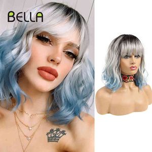Bella Bob Wig Short Synthetic 12inch Omber Blue Hair Curly Heat Resistant with Bangs Cosplay for Black Women 220622