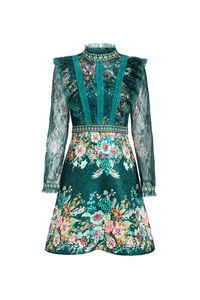 Primavera moda pista flor jacquard vestido feminino miçangas suporte manga longa babados rendas costura vestidos de festa vintage 2022