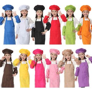 Child Apron Kids Sleeve Hat Pocket Kindergarten Kitchen Baking Painting Cooking Drink food Enfant Tablier Delantal print Y220426