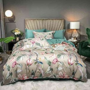 豪華なエジプトの綿布団カバーセットクイーンキング活気のある花の木の葉ジッパーベッドシート枕カバー付きのプリント寝具