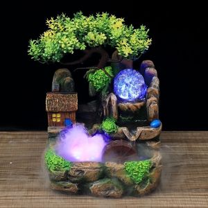 Led Lights Resin Rockery Flowing Water Fountain Lucky Feng Shui Wheel Office Desktop Ornaments With Nebulizer Home Decoration Y200106