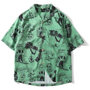 Męskie koszulki Hip Hop Streetwear Men Skull Pełna druk Hawajska Bluzka z krótkim rękawem Summer harajuku gotycka guzika w górę koszulek