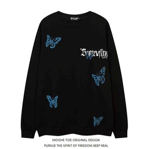 Moishe Tide Brand High Street Butterfly nadruk okrągły Sweter Sweter męski Ins Hip-Hop Para Casual Coat