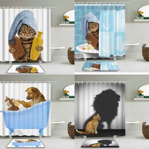 Funny Bath Cat Print Shower Curtain Set with Hooks Cartoon lovely Waterproof room Non-slip Mat Home Decoration 220429