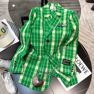 T168 TIDE Märke Högkvalitativ retro modedesigner Green Plaid Series kostym Jacka Slim Plus Size Women's Clothing