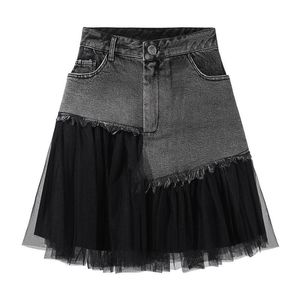 Röcke Gothic Casual Plus Größe Mesh Patchwork Rüschen Mini Denim Streetwear Jeans Rock Weibliche Unregelmäßige Falten