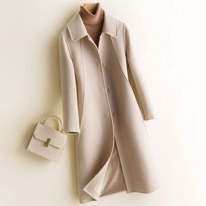 Vinterullrock och jacka Kvinnor plus storlek koreansk långjacka varm beige elegant ullrock kashmir vintage kappa cape femme 201102