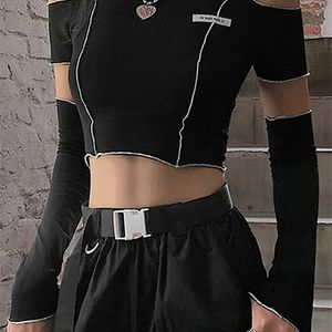 ゴスダーク Egirl スタイルパッチワーク黒 Tシャツゴシックオープンショルダースリーブ Y2k クロップトップスフリル裾ヒップホップ Techwear 女性 Tシャツ 220810