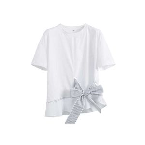 HSA Summer Mulheres camisas doces listradas decoração de arco de bainha irregular de camiseta casual fêmea de manga curta T-shirt lazer Tops 210716