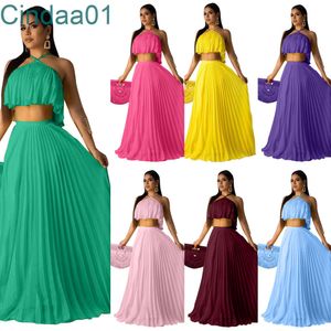 Women Dress Set Summer Outfits ärmlös halterhalsskjorta + veckad kjol Tvådelat Set Casual Solid kjolar Suits S-XXL