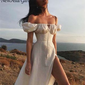 Asia Puff Sleeve White Dress Off Shoulder Cut Out Tie Up Side Split Ruched Long Robe Femme Summer For Women 220613