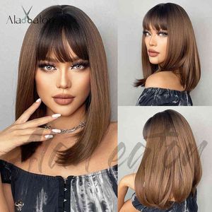 WIG женская ошейная волосы окрашены в коричневые Qi Bangs Inside Button Straight Fashion Wig 220527