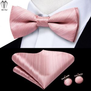 Hi-tie Silk Rosa rosa a strisce Bowtie Jacquard Bow Bow Tie HankerChef Cufflinks Set di farfalla pre-legato Bowknot Festa di nozze