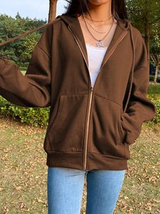 Brown Purple Black Zip Hooded Sweatshirt Winter Jacket Top Overdimasy Hoodie Retro Pocket Woman Clothes Long Sleeve Pullover L220815