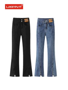 Svart slits flare jeans kvinnors sommar nya Hong Kong -stil retro hög midja smal fit blå denim byxor enkla kvinnliga byxor t220728
