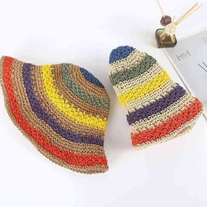 2022 Summer Bucket Hat Women's Straw Made Rainbow Crochet Foldable Parent-child Panama Hat Children Female Beach Sun Visor Cap G220418