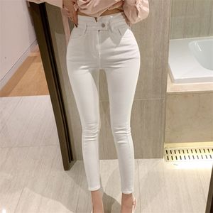 S-L Yüksek Bel Kalçaları Sıkı kot pantolon Bahar Yaz İnce Ayak Pantolon Beyaz Dokuz Pantolon Katı Uzun Pantolon Sokak Giyim Kotları 210302
