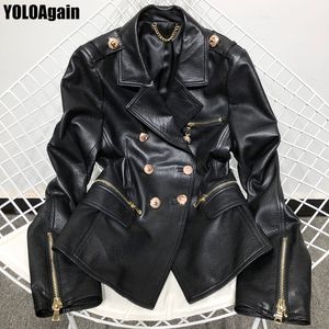 Yoloagain Women Real Leather Jacket Ladies Double Breasted Real Leather Blazer 20103030