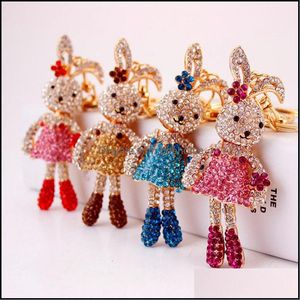 Keychains Fashion Accessories Wholesale Creative Cute Cartoon Diamond Long Leg Rabbit Car Key Chain Lady Bag Pendant Keyrings Small Gift Dro