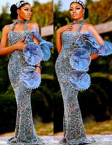 2022 Plus Size Arabski ASO EBI Silver Sparkly Mermaid Prom Dresses 3D Ręcznie wykonane Kwiaty Wieczór Formalna Party Druga Recepcja Urodziny Suknie Zaręczynowe Sukienka ZJ406