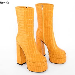 Rontic Women Spring Ankel Boots Vattentät Stenmönster Chunky Heels Rund Toe Pretty Yellow White Party Shoes US Size 4-10.5