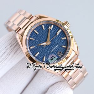 RWF Aqua Terra 150M A8800 Automatic Womens Watch 231.50.34.20.55.001 34MM Blue Embossed Wave Pattern Dial Rose Gold 316L Stainless Steel Bracelet Super Eternity Watches