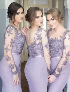 2022 Lilac Bridesmaid Dresses Mermaid Sheer Neck Long Sleeves Sweep Train Bridesmaids Gowns With Lace Applique Illusion Back Formal C0609G15