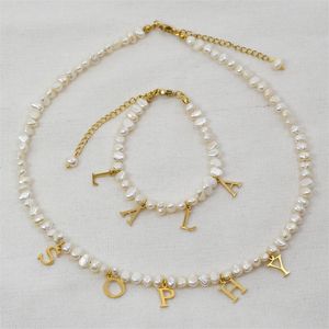 Leave Message Customized Real 18K Gold Plated Stainless Steel Name Necklace 26 Alphabet Freshwater Pearl Choker Factory Direct